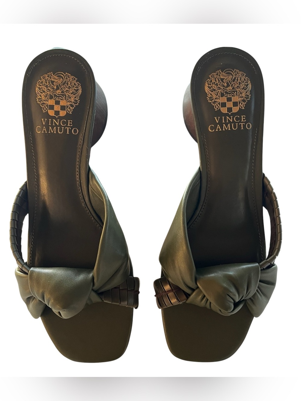 Vince Camuto Leana Olive Green Knotted Block Heel Mule Sandals Size 8 NIB